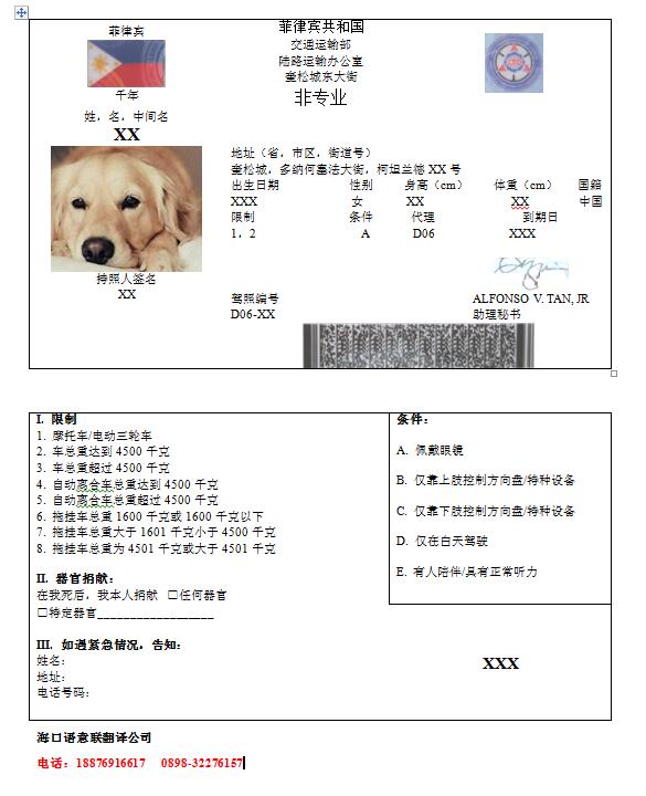 菲律宾驾照翻译模板
